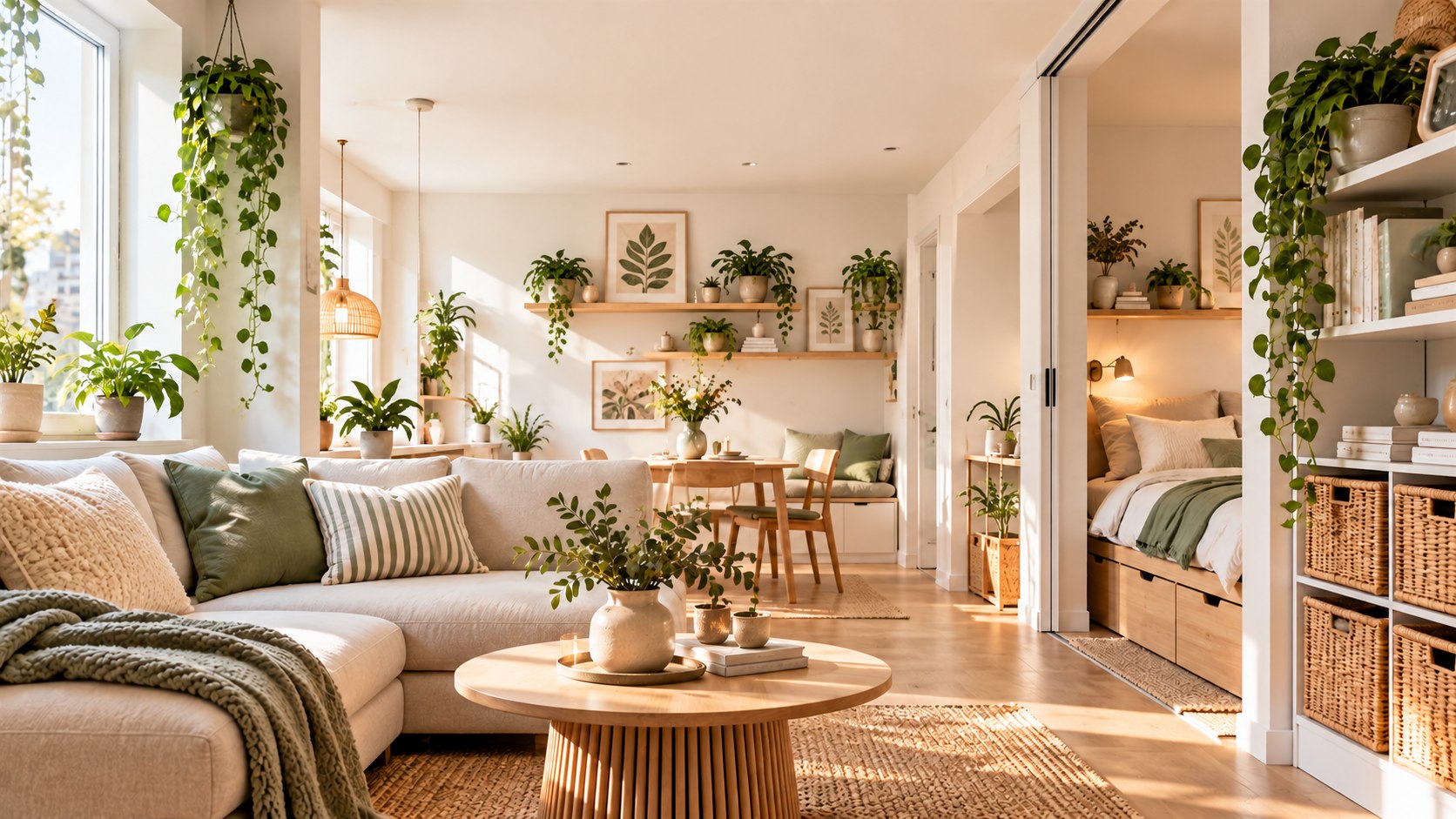 Helle, wohnliche kleine Wohnung mit natürlichen Materialien, Pflanzen und cleverem Stauraum