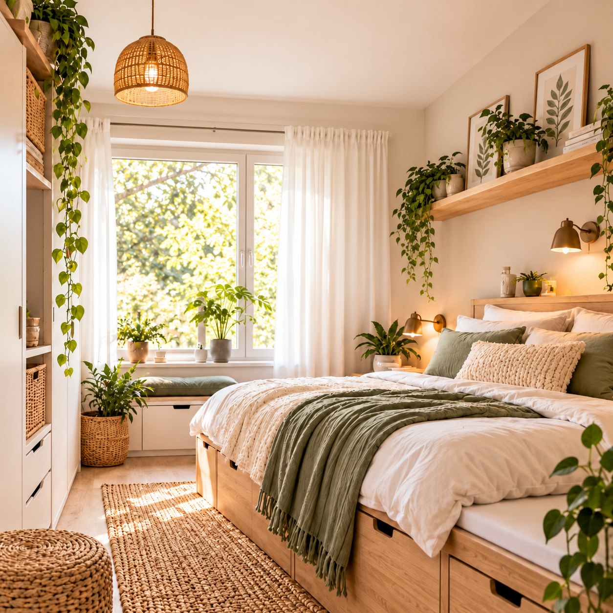 Kleines Schlafzimmer mit Bettstauraum und Naturfarben