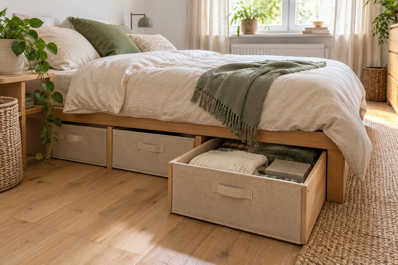 Holzbett in einem kleinen Schlafzimmer mit passgenauen Aufbewahrungsboxen im freien Raum darunter