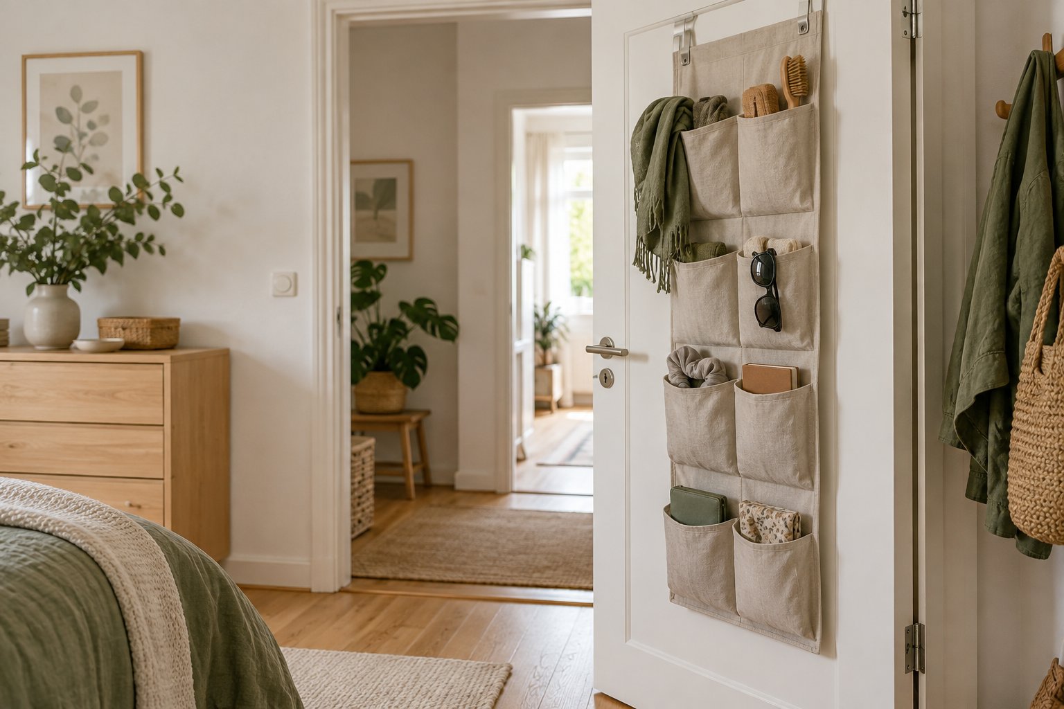 Hängeorganizer an einer Innentür mit Schal und Accessoires