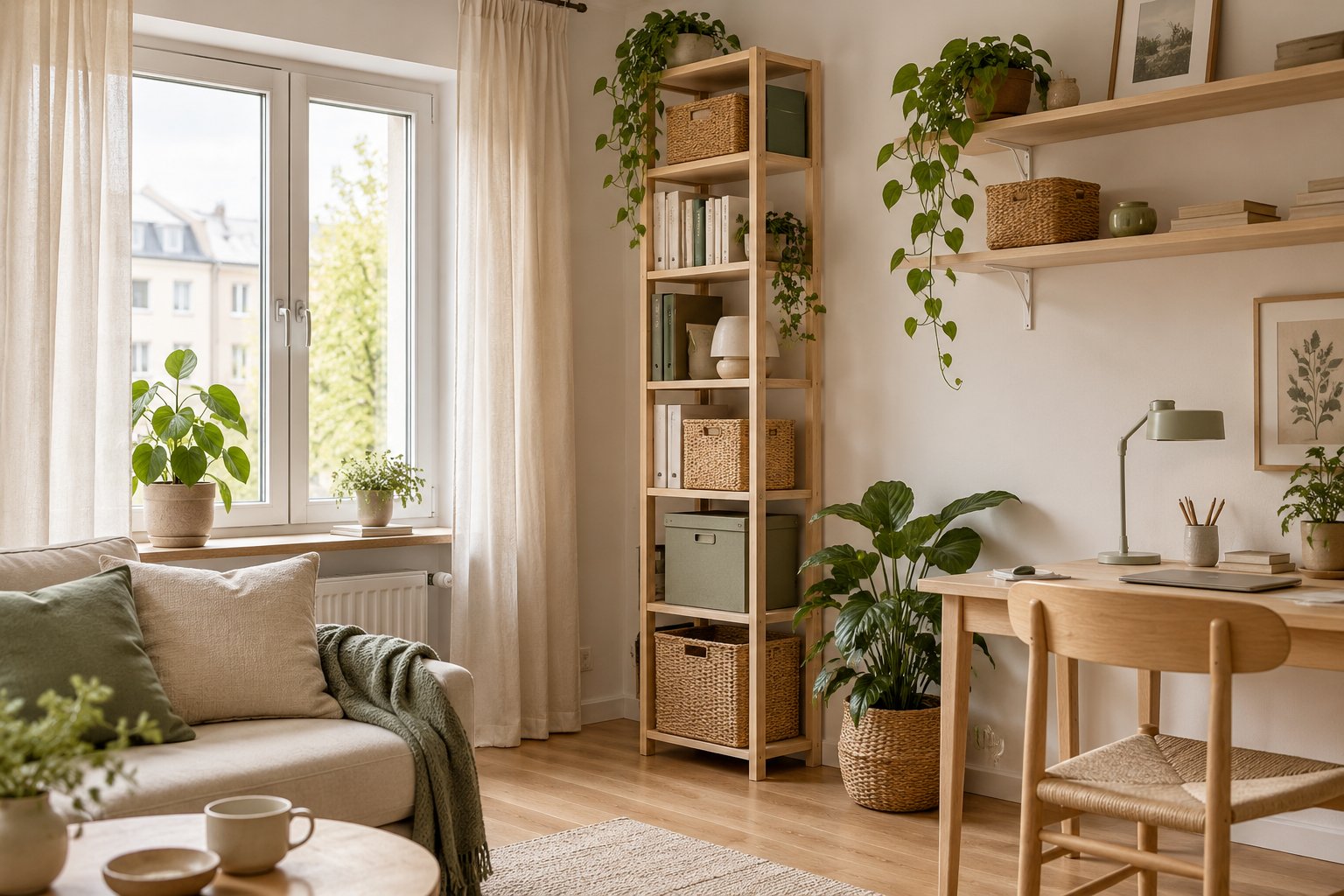 Hohe schmale Regale mit Körben und Büchern nutzen die Wandhöhe in einem kleinen Wohnraum